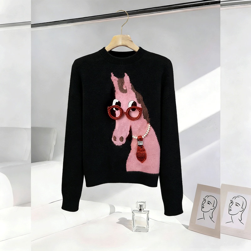 Black Women's Sweater, 2026 Spring New Style, Pony Print, Inner Knit Top, Eye-Catching, Unique and Beautiful Top