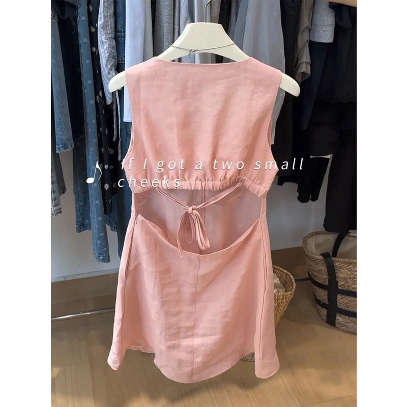 Especially Beautiful Waist-Cinching Dress for Women, 2026 Summer New Korean Style Pink Linen Backless Camisole Dress