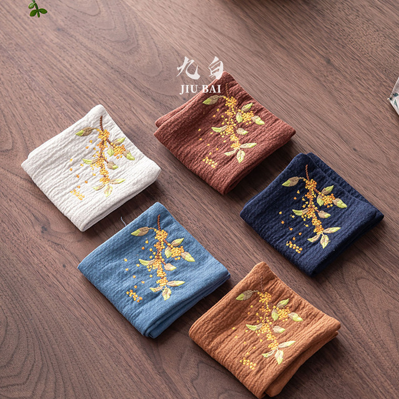 Nine White Embroidered Osmanthus Cotton Tea Towel Vintage Fresh Style Household Tea Table Cloth Tea Mat Tea Ceremony Accessories
