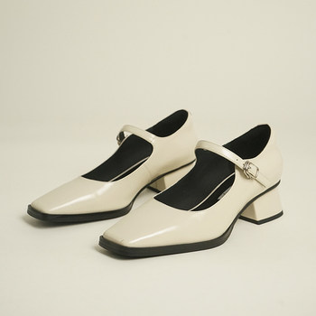 Lux seven retro square toe oil wax leather strap mary jane block heel shoes for women