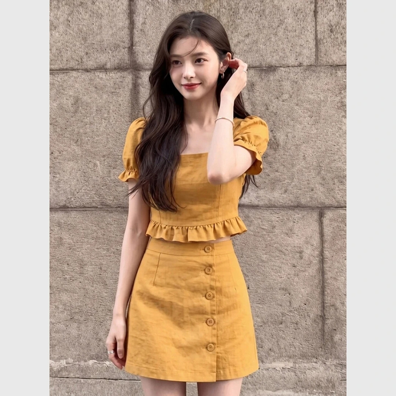 New Arrivals for Summer 2026: Super Trendy Dopamine Outfit, Beautiful and Unique Yellow Ruffle Top and Short Skirt Set for Summer