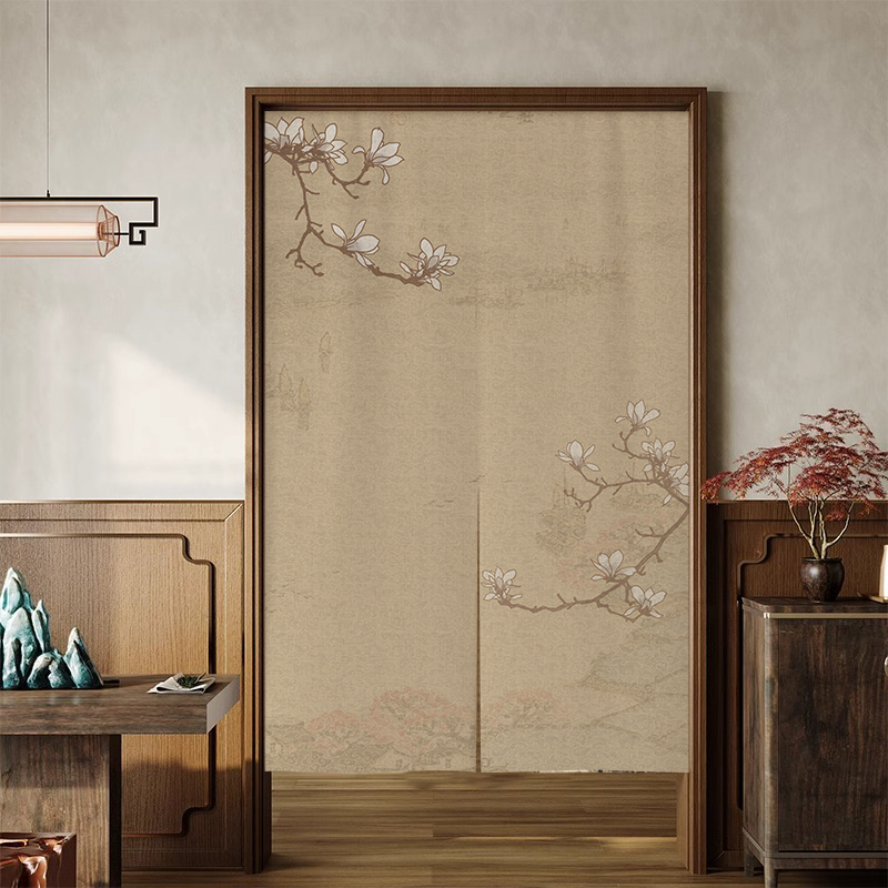 New Chinese-Style Door Curtain, Retro Chinese Style Entrance Partition Curtain, Bedroom Room No-Drill Half Curtain, Bathroom Fabric Curtain