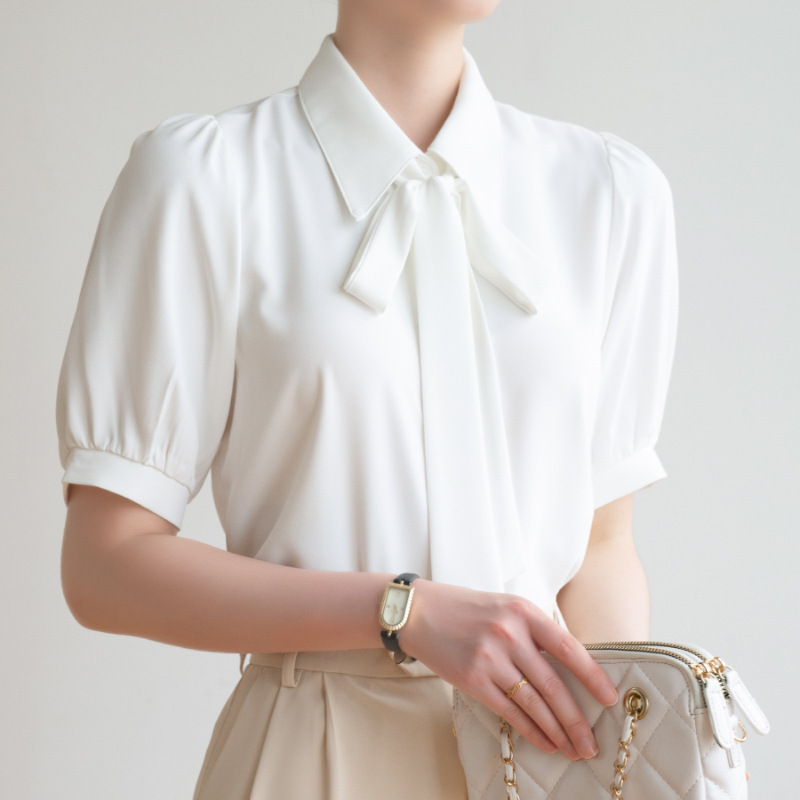Xiaoju Is a Cat Fat mm Bow Business Wear Right Shoulder Shirt Short-Sleeved Shirt Interview Civil Servant Loose Shirt Xiaoju Is a Cat Fat mm Bow Business Wear Right Shoulder Shirt Short-Sleeved Shirt Interview Civil Servant Loose Shirt