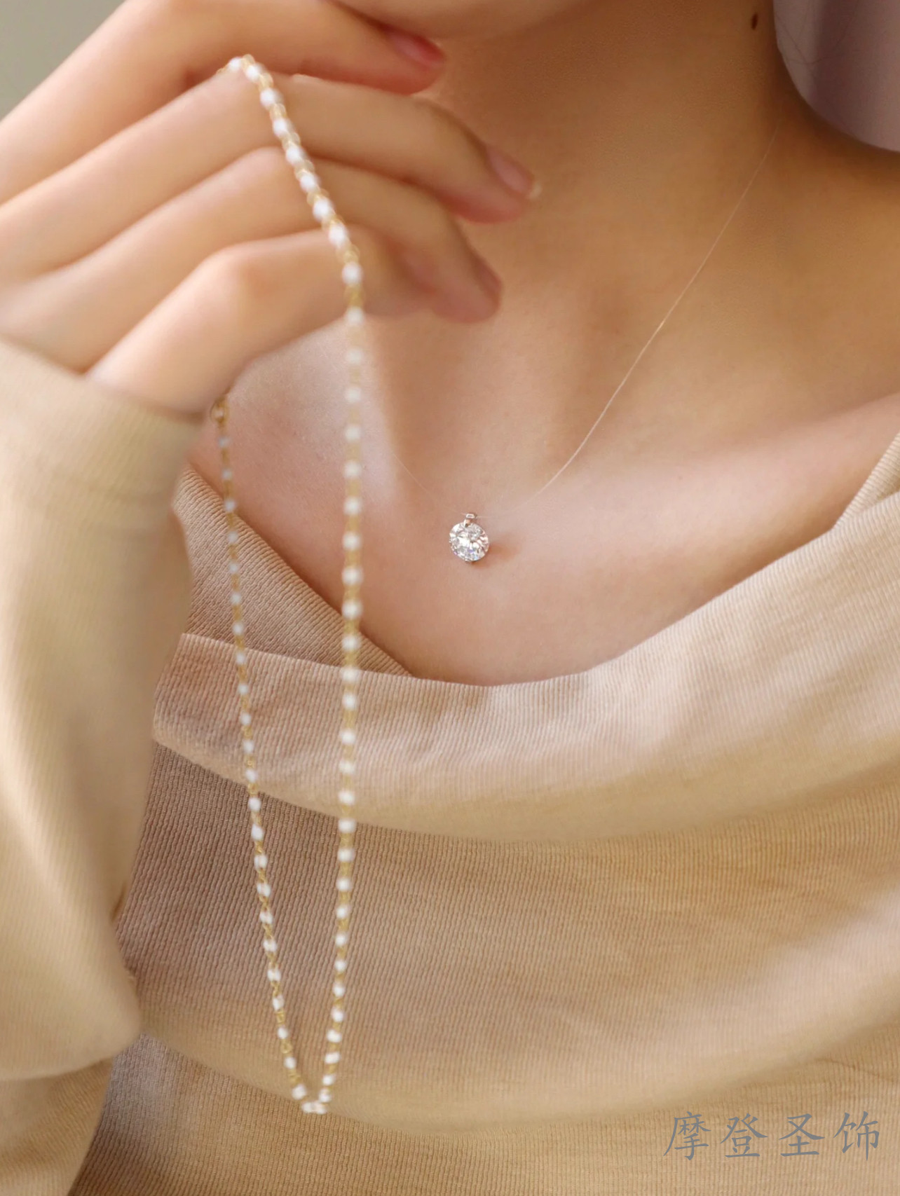 Серебряное ожерелье 摩登圣饰s925纯银莫桑钻鱼线项链女人鱼之泪锁骨链生日礼物送女友