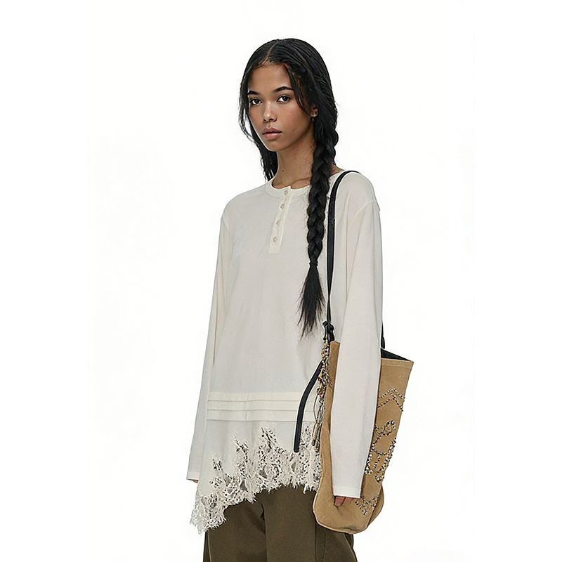 Dus.T Long-Sleeved Lace Shirt 2026 New Women's Spring and Autumn Asymmetrical Blouse with a Fashionable and Unique Design