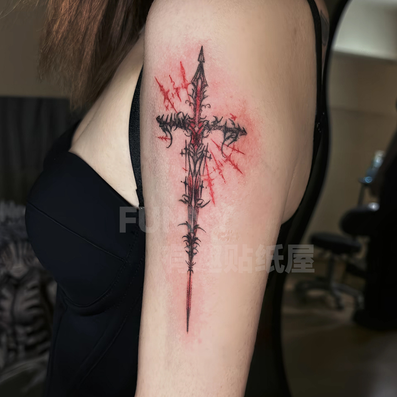 Dark Gothic Style Cross Tattoo Sticker with Thorns, Trendy and Cool for Hot Girls' Arms, Waterproof and Long-Lasting, Ins-Style