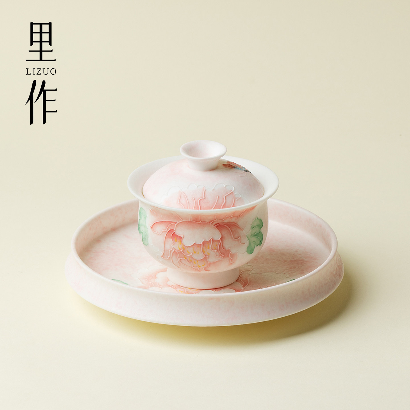 Light pink peony Sancai tureen, snowflake white ceramic thin body, non-hot tea brewing set, Kung Fu tea set, tea bowl