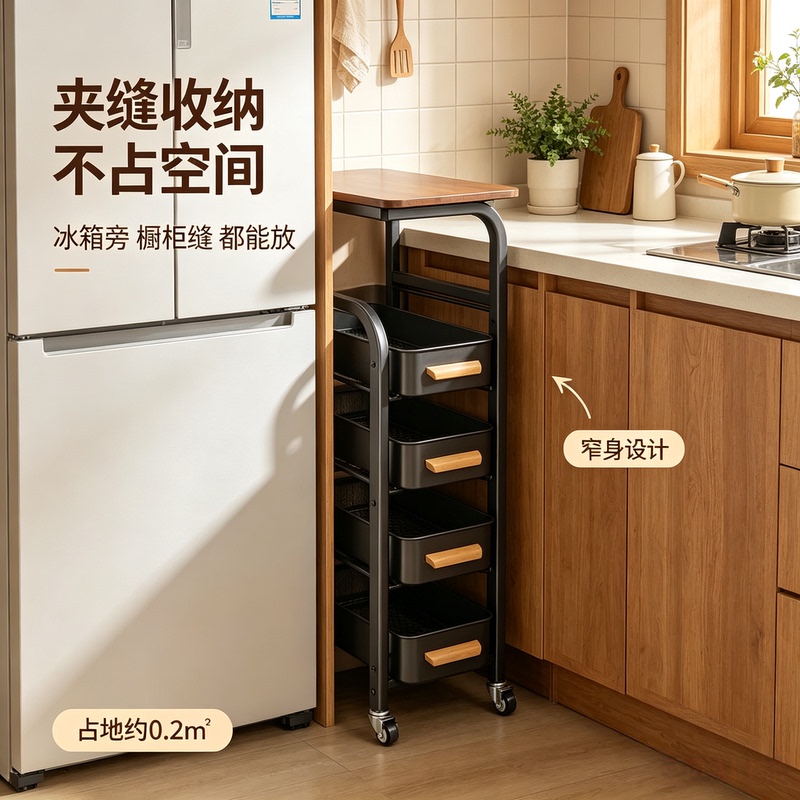 Kitchen Floor-Standing Narrow Gap Storage Rack, Vintage Style, High Aesthetic Value, Multifunctional Storage Rack, Extremely Narrow Fruit and Vegetable Organizer Kitchen Floor-Standing Narrow Gap Storage Rack, Vintage Style, High Aesthetic Value, Multifunctional Storage Rack, Extremely Narrow Fruit and Vegetable Organizer