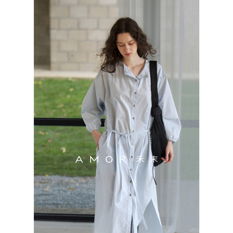 Amor He Mo's "Free and Simple Style 60-Count Yarn Drop-Shoulder Sleeves Tie-Waist Straight Long-Sleeve Shirt Dress