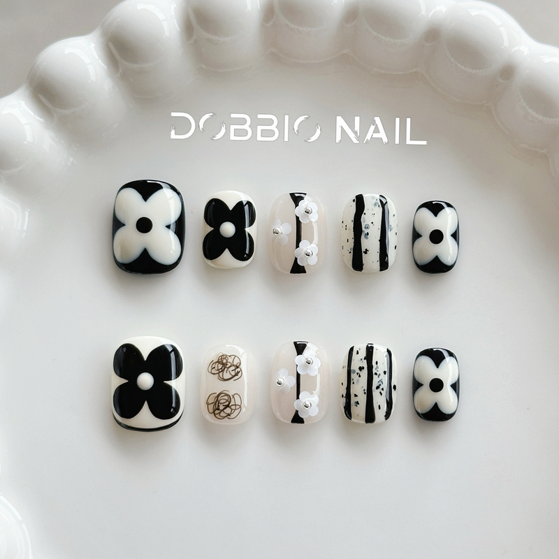 Dobbio【Twin Flowers】Black and White Simple High-End Chanel-Style Handmade Wearable Nails, High-End Nail Art Nail Tips Dobbio【Twin Flowers】Black and White Simple High-End Chanel-Style Handmade Wearable Nails, High-End Nail Art Nail Tips