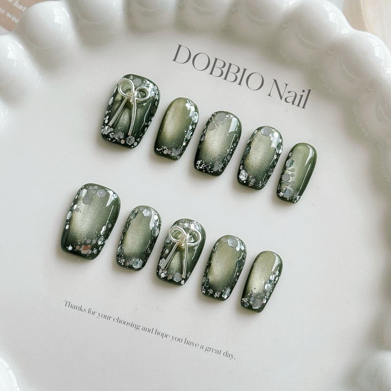 Dobbio【C Position】Whitening Retro Dark Green Cat-Eye Crushed Diamond Personalized Handmade Wearable Nail Art Pieces