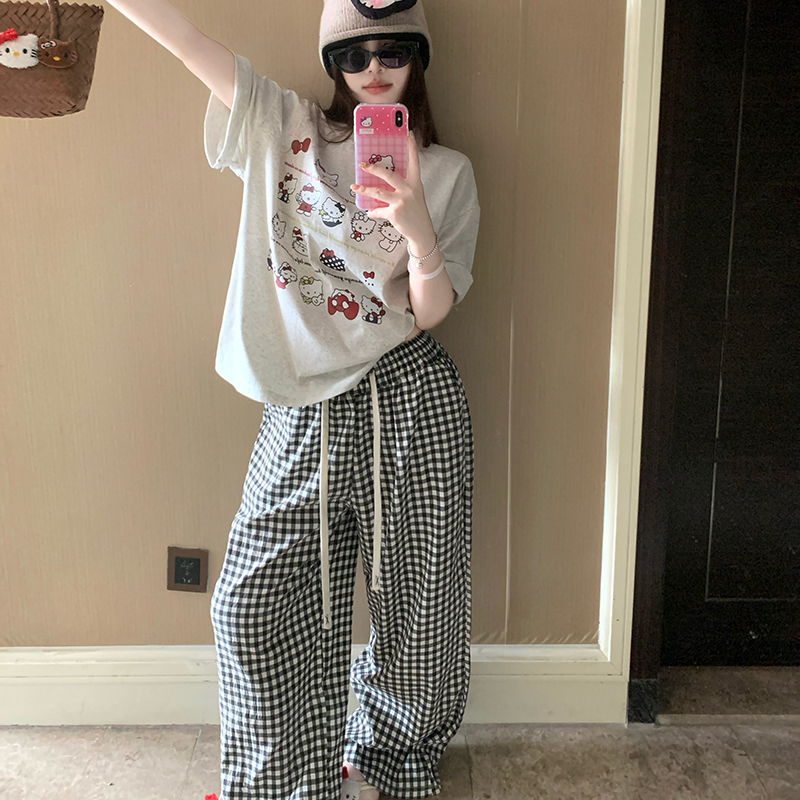 Victoria Cute Hello Kitty Pajamas for Women 2026 Summer Pure Cotton Short Sleeve Long Pants Homewear Set