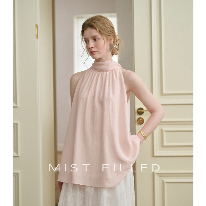 Mist Filled Lyocell Tencel Ramie Blend French Romantic Light Pink Ribbon A-Line Sleeveless Halter Top