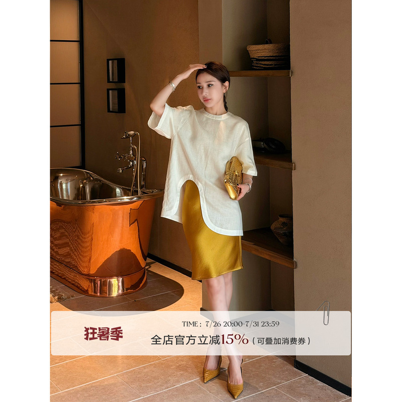 Liu Xiongxiong Mcmax【Cloud Mist T】Elegant Tencel Linen Short-Sleeve T-Shirt for Women with Irregular Design