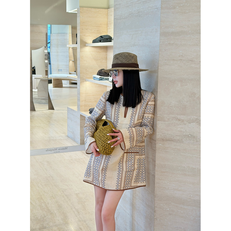 Liu Xiongxiong Mcmax【Seattle】Slimming Printed Linen Long-Sleeve Dress French-Style Elegant Short Dress