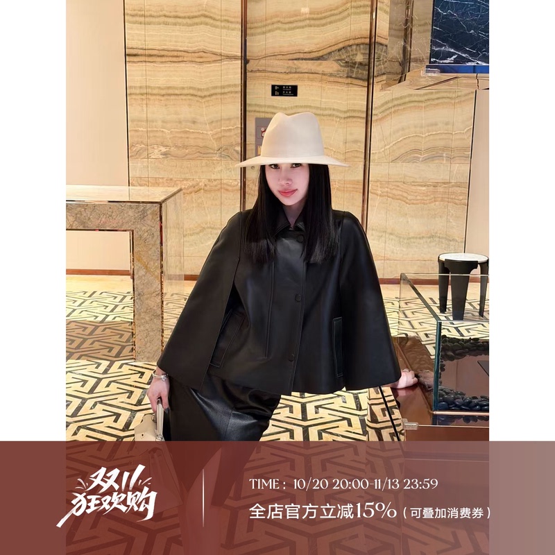 Liu Xiongxiong Mcmax【Selena】High-End Ultra-Soft Sheepskin Shawl Leather Jacket Women's Lapel Jacket Liu Xiongxiong Mcmax【Selena】High-End Ultra-Soft Sheepskin Shawl Leather Jacket Women's Lapel Jacket