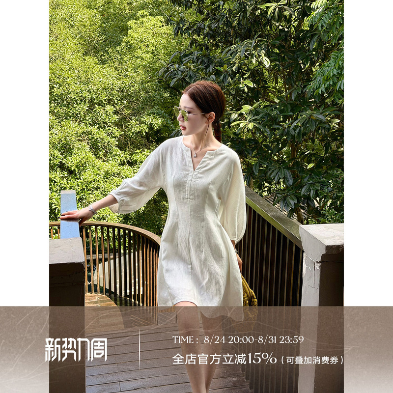 Liu Xiongxiong Mcmax【Intricate Dress】Unique Puff-Sleeve Linen Tencel Dress with a Distinctive Cinched Waist Short Skirt