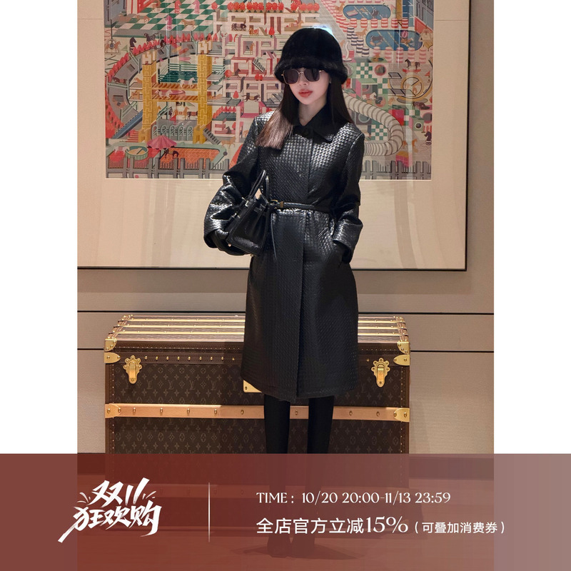 Liu Xiongxiong Mcmax【Home Leather Jacket】High-End Sheepskin Hand-Woven Genuine Leather Jacket Women's Long Coat