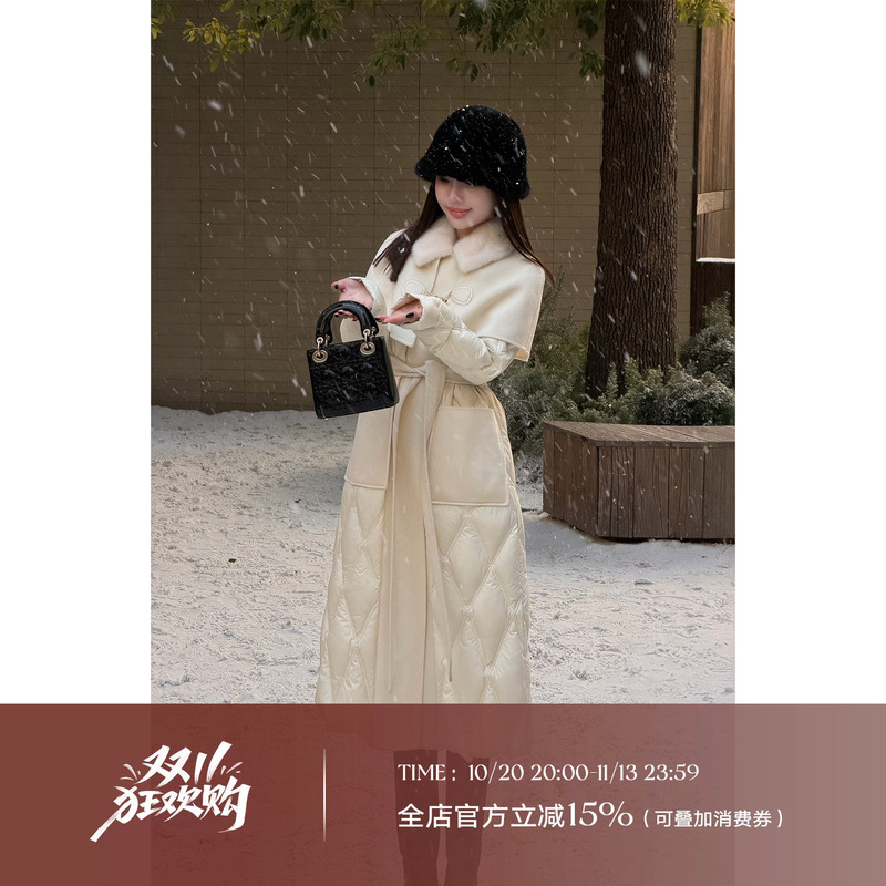 Liu Xiongxiong Mcmax【Snow Elf】Winter Fur Collar Cape 90% White Goose down Jacket Women's Wool Coat