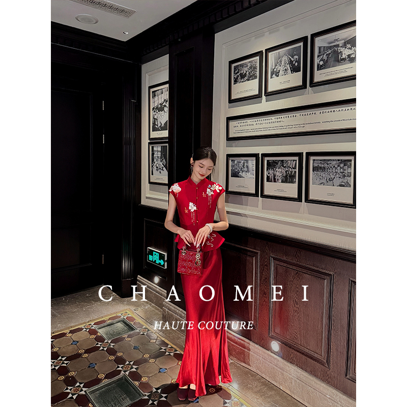 Mopassant【Hongluan】New Chinese-Style Red Wedding Engagement Toast Dress Bride Satin Dress Set
