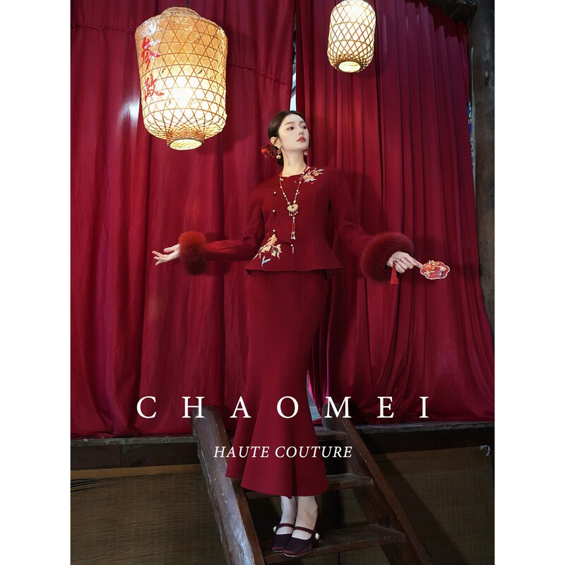 Mid-Year Clearance【Hong Zhao Yuan】New Chinese-Style Red Engagement Dress Embroidered Woolen Suit