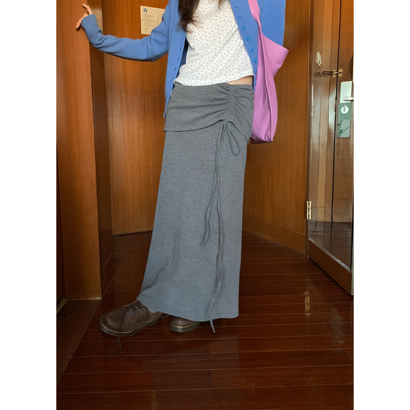 Xxdeli Fragrant Pear Korean Casual Style Drawstring Tie-Up Skirt with Drape, High-Waisted, Slimming Long Skirt