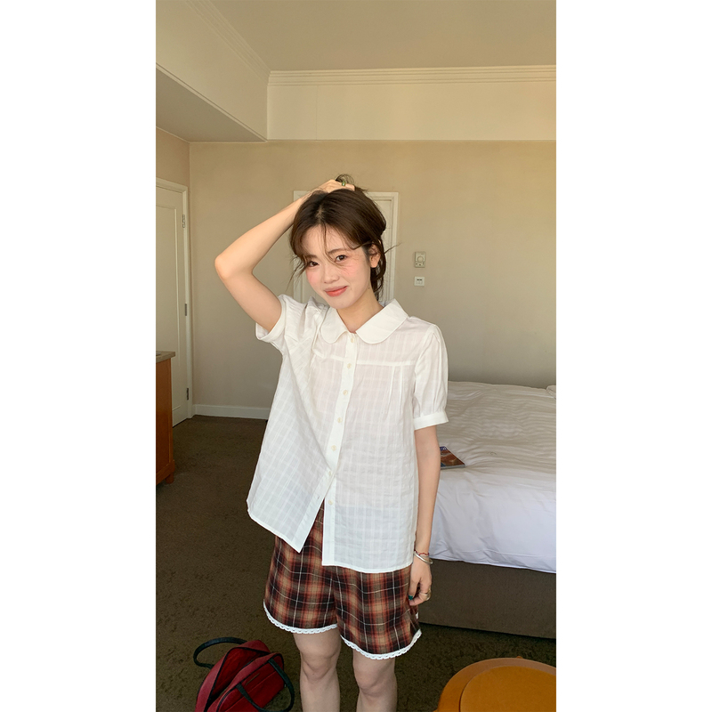 Xxdeli Fragrant Pear Korean Style Doll Collar Shirt with Puff Sleeves, Simple and Loose Short-Sleeved Shirt for Work Wear