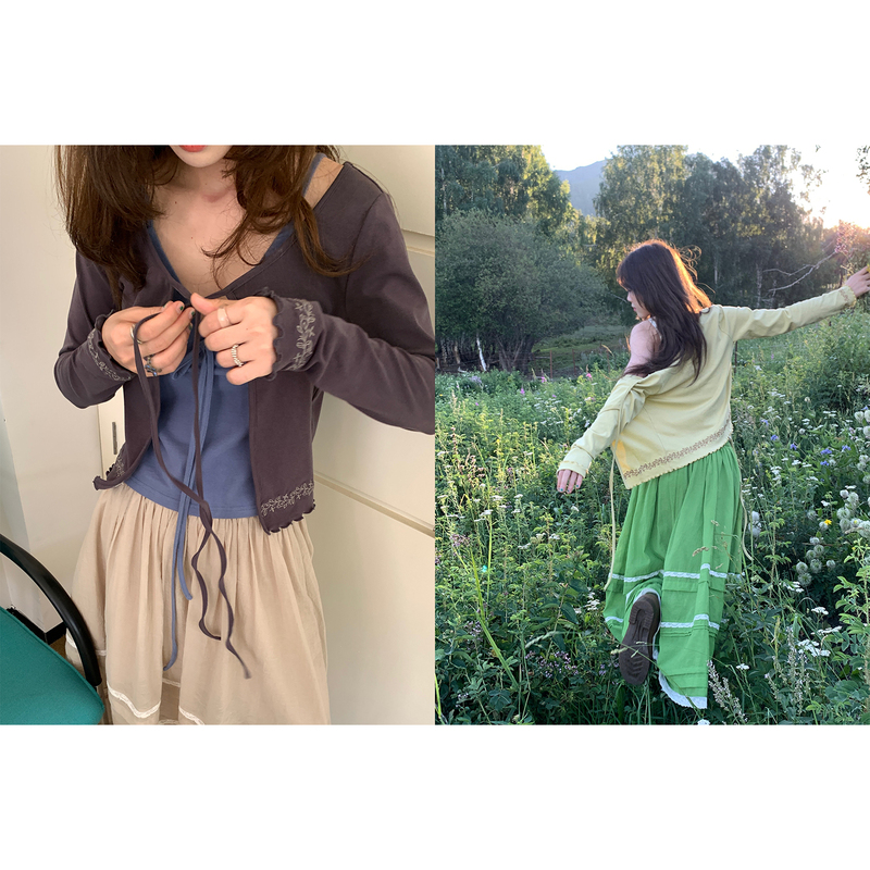 Xxdeli Fragrant Pear French-Style Lace-Up Niche Color-Blocked Embroidered Lace Design Knitted Long-Sleeve Cardigan Top Xxdeli Fragrant Pear French-Style Lace-Up Niche Color-Blocked Embroidered Lace Design Knitted Long-Sleeve Cardigan Top
