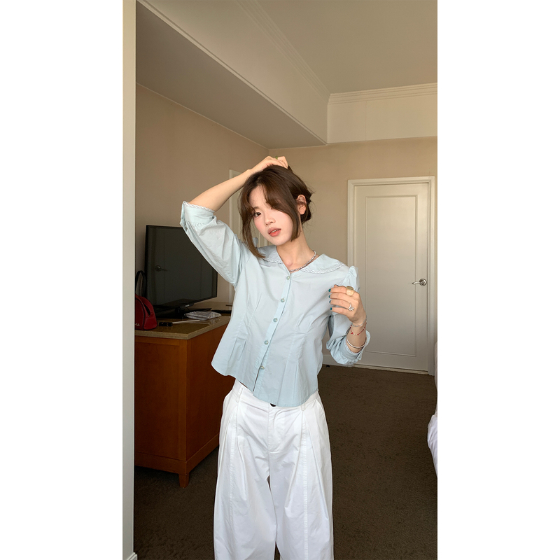 Xxdeli Fragrant Pear Korean-Style Sweet Doll Collar Design Lace Patchwork Waist-Cinching Versatile Slimming Shirt