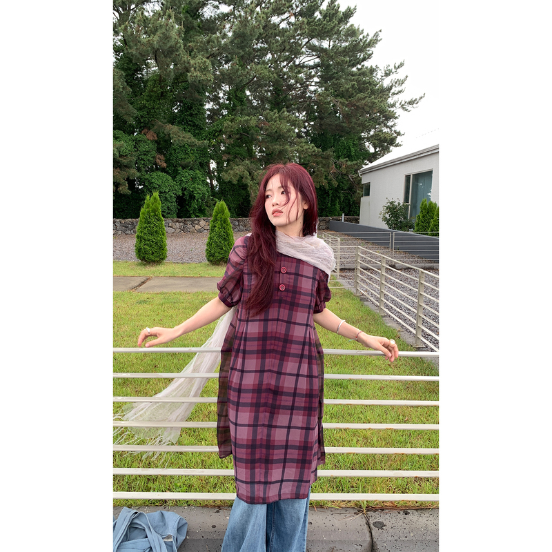 Xxdeli Fragrant Pear Vintage Reversible Plaid A-Line Flared Dress with Puff Sleeves Long Dress Xxdeli Fragrant Pear Vintage Reversible Plaid A-Line Flared Dress with Puff Sleeves Long Dress