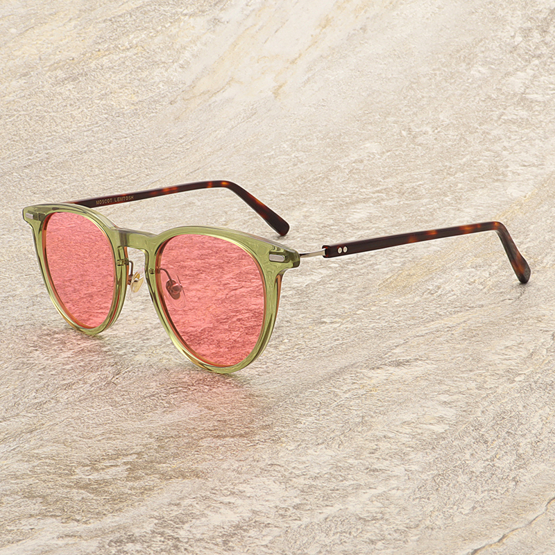 Moscot Lemtosh Sunglasses for Men, Transparent Green Frame, Tortoiseshell Color Glasses with Nose Pads, Polarized Pink Lens Sunglasses for Women