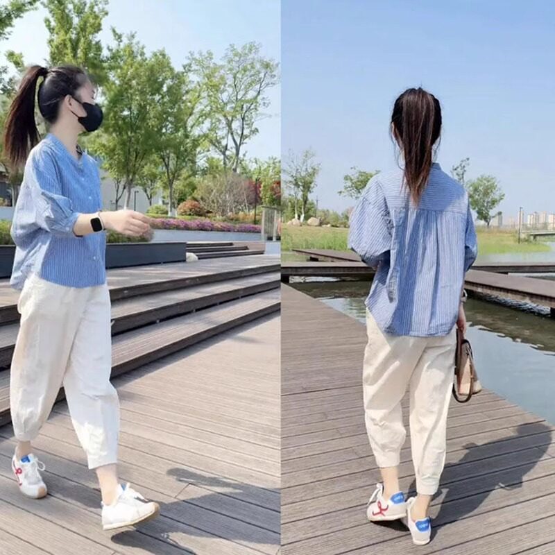 Fashionable Versatile Striped Shirt Set for Women, Summer Loose Slimming Casual Petite Cropped Pants Two-Piece Set