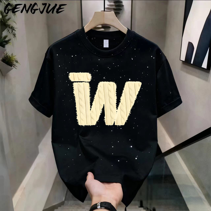 【Trendy Print】Sequin Starry Sky T-Shirt Heavyweight Pure Cotton Short Sleeve Unisex Student Loose Summer Top ins