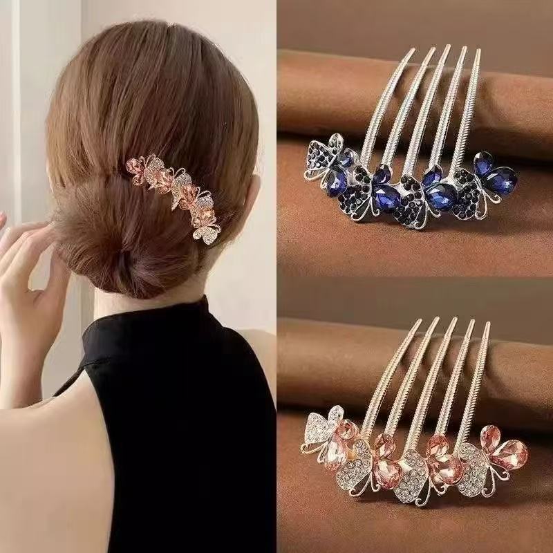 Bow-shaped rhinestone hair comb, hair clip, antique-style hairpin, updo accessory, head ornament, women's five-tooth hairpin
