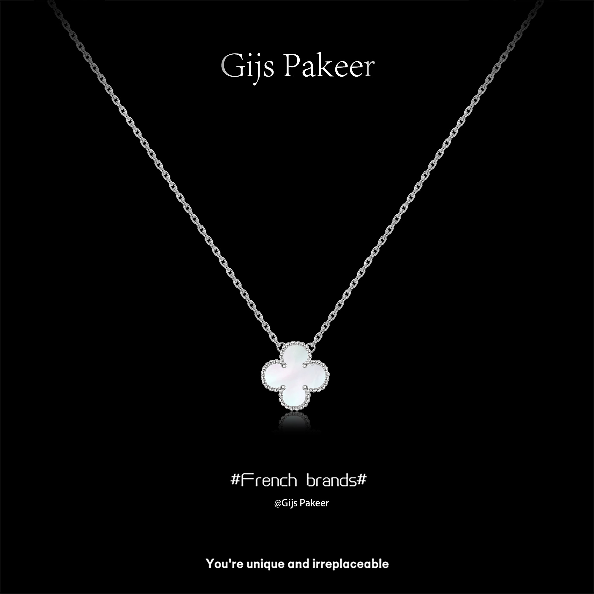 「オリジナルデザイナー」Gijs Pakeer「四つ葉のクローバー」スターリングシルバーネックレス ホワイトマザーオブパールペンダント 鎖骨チェーン