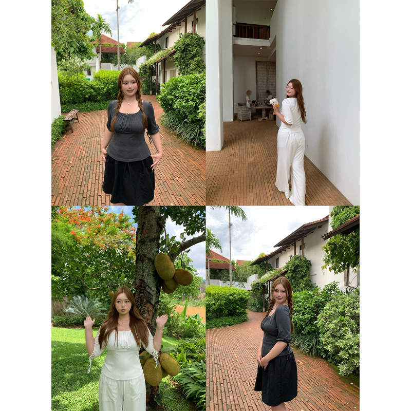 Yiiiiingy Lace Butterfly* Two-Tone Pleated Tie Mid-Sleeve T-Shirt for Women, Slimming for Slightly Chubby Figures, Waist-Cinching Top