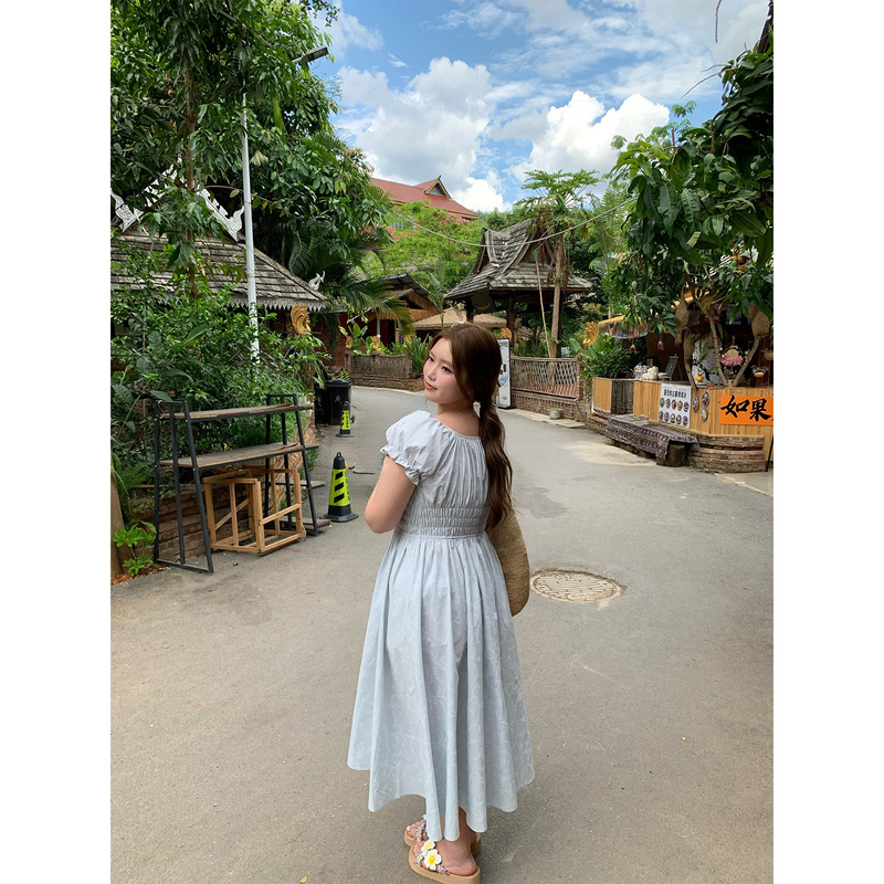 Yiiiiingybaby Blue*100% Cotton Light Blue Plus Size Blue Dress for Women Slightly Chubby Women's Dress