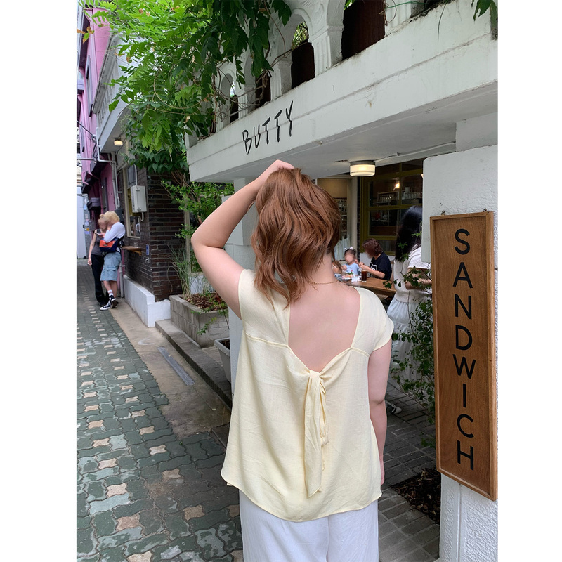 Yiiiiingy【Lemon Tree】Square Neck Big Open Back Tie-Up Top for Women, Loose Fit, Slimming, Plus Size Blouse