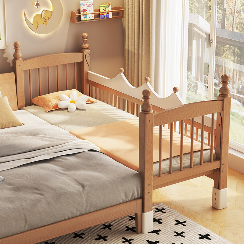 Beech Wood Baby Splicing Bed, Children's Solid Wood Crib, Splicing Bed with Widened Side for Adults to Sleep On, with Guardrails and Adjustable Height