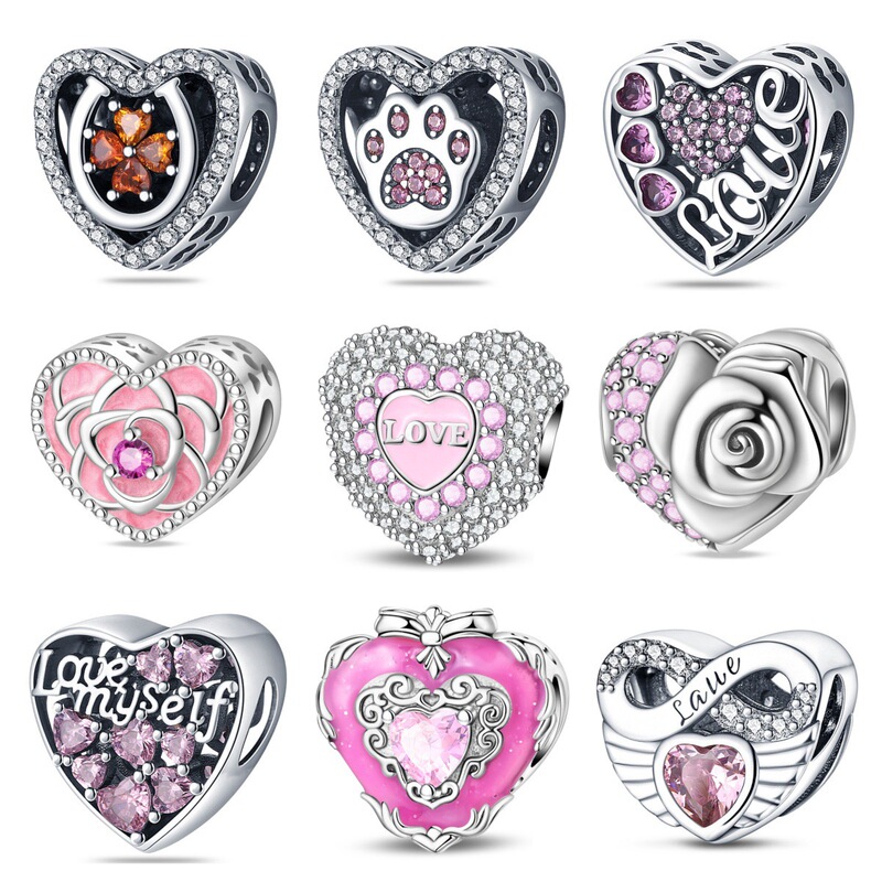Pan-Style 925 Silver Bracelet Heart-Shaped Beads DIY Jewelry Accessories Pink Crystal Heart Pendant Bracelet Loose Beads