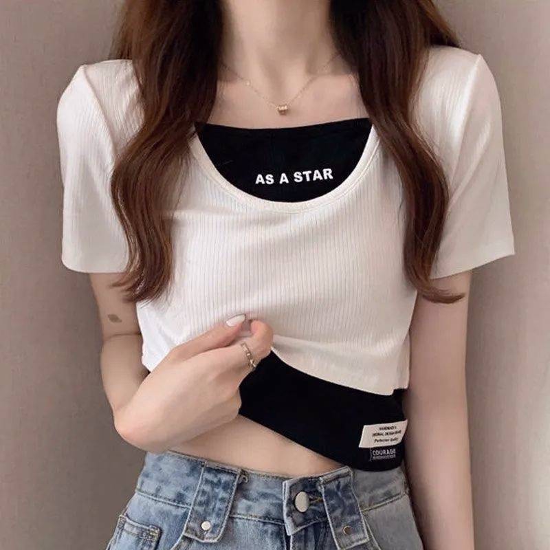 Trendy and Unique Design Two-In-One Short-Sleeve T-Shirt, Cropped High-Waisted, Slim-Fit, Flattering Top for Women, Summer 2026