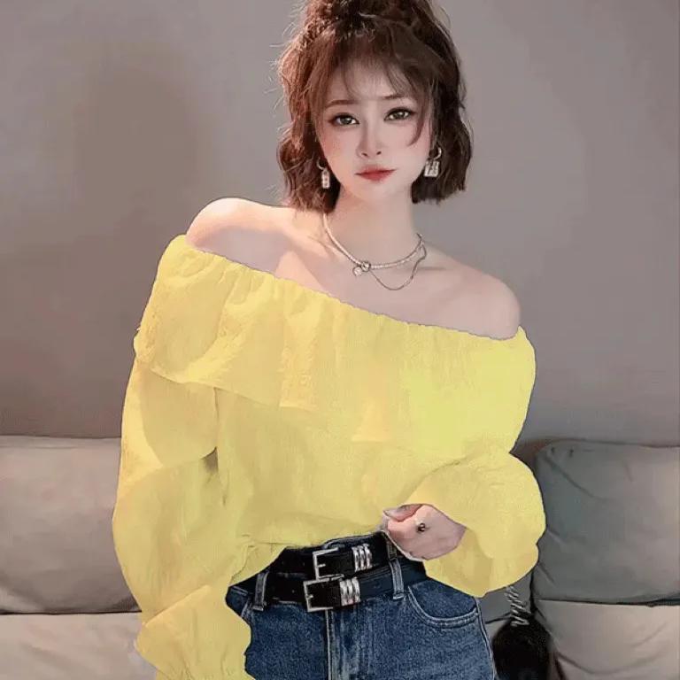 Fresh and Simple Backless Off-Shoulder Tie-Up Flared Long-Sleeve Shirt for Women, 2026 Summer New Style, Niche Solid Color Trendy Design Fresh and Simple Backless Off-Shoulder Tie-Up Flared Long-Sleeve Shirt for Women, 2026 Summer New Style, Niche Solid Color Trendy Design