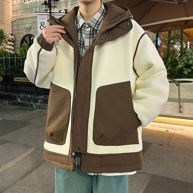 Woodpecker Contrast Color Splicing Cotton Clothes Men's Autumn and Winter Hooded Cotton Warm Jackets Men's American Retro Cotton Clothes