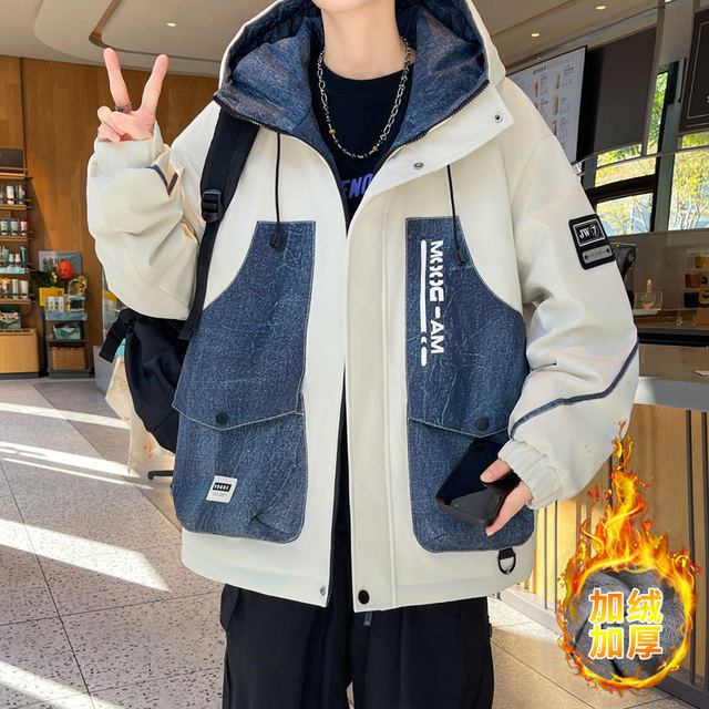 Woodpecker Brand Fleece-Lined Thickened Jacket, Autumn and Winter Design, Trendy Brand Patchwork Denim Jacket, Warm Clothing for Male Students