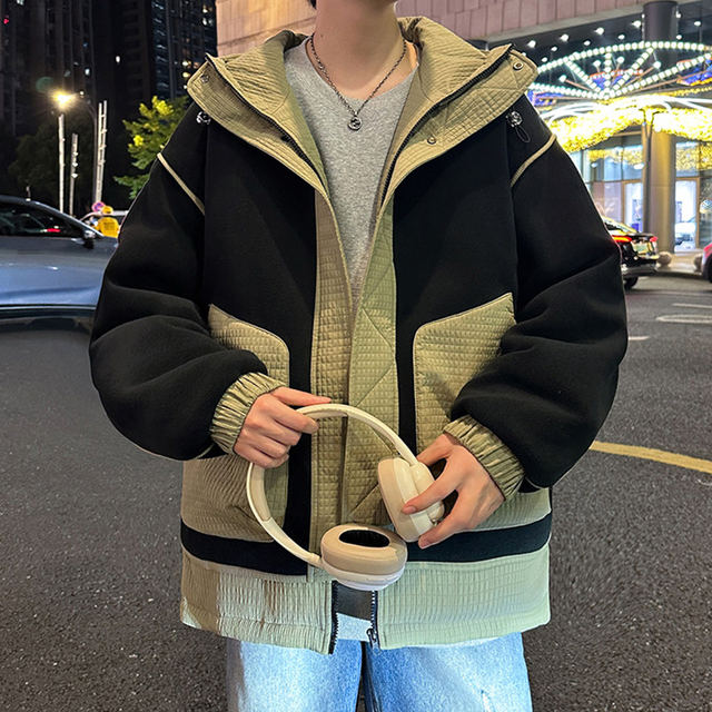 Woodpecker Contrast Color Splicing Cotton Clothes Men's Autumn and Winter Hooded Cotton Warm Jackets Men's American Retro Cotton Clothes