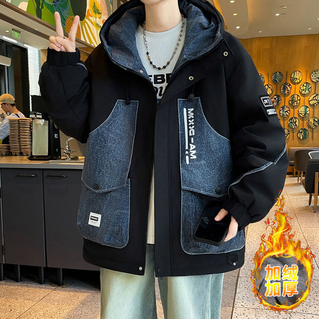 Woodpecker Brand Fleece-Lined Thickened Jacket, Autumn and Winter Design, Trendy Brand Patchwork Denim Jacket, Warm Clothing for Male Students
