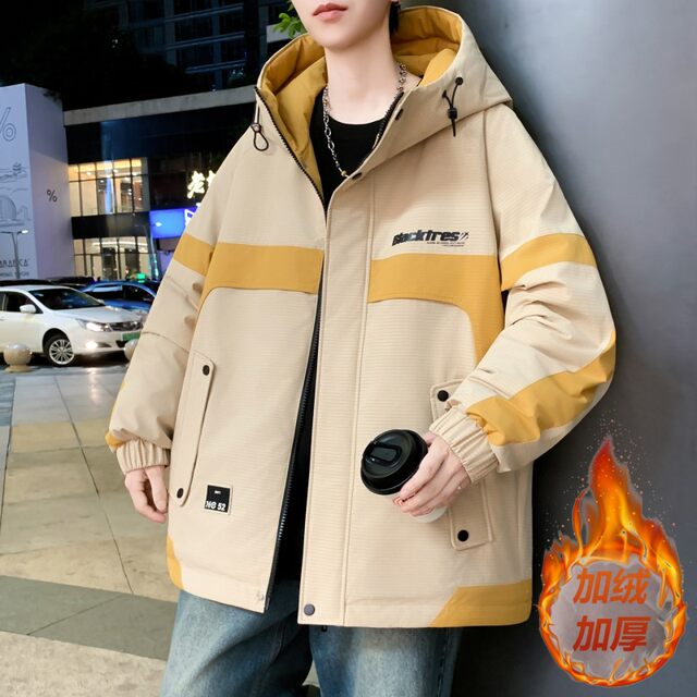 Woodpecker velvet thickened jacket men's winter 2025 new loose hooded workwear youth cold-proof cotton coat pure