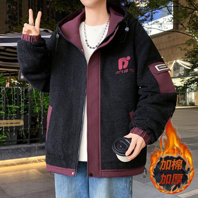 Woodpecker Brand Lamb Wool Trendy Patchwork Hooded Cotton Jacket for Men, Thickened Warm Coat, Stylish Winter Cotton-Padded Jacket