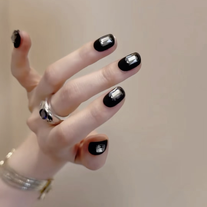 Black Matte Handmade Wearable Nails, Autumn and Winter Solid Color Simple Square Rhinestones, Brightening Effect, High-End New Style Nail Art, Fake Nail Stickers Black Matte Handmade Wearable Nails, Autumn and Winter Solid Color Simple Square Rhinestones, Brightening Effect, High-End New Style Nail Art, Fake Nail Stickers