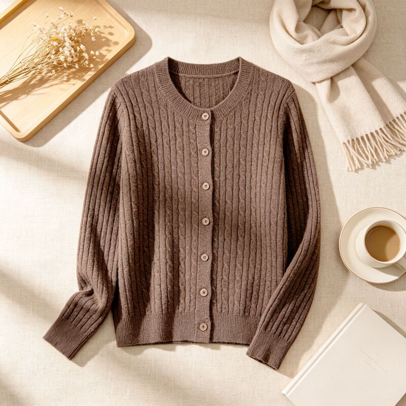 Chuan Bai【100% Yak Wool】New Round Neck Cable Knit Cardigan for Women, Loose and Versatile-362612